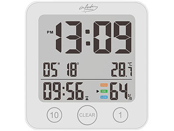 infactory Digital-Badezimmer-Uhr, Thermo-/Hygrometer, LCD, Saugnapf, Timer, IP54
