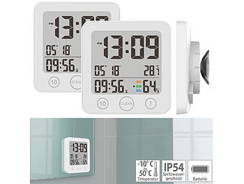 Badezimmeruhr zum Hängen: infactory 2er-Set Badezimmer-Uhr, Thermo-/Hygrometer, LCD, Saugnapf, Timer, IP54