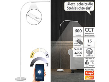 Smarte Stehlampe: Luminea Home Control Smarte WLAN-Stehleuchte, CCT-LEDs, Schwanenhals, dimmbar, App, weiß