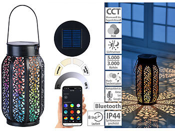 Campingleuchte: Lunartec Smarte Solar-Laterne aus Metall mit RGB-CCT-LEDs, App, Bluetooth, IP44