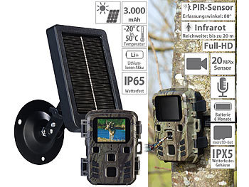 Tierkamera: VisorTech Full-HD-Wildkamera mit PIR-Sensor, Nachtsicht, inkl. Akku-Solarpanel