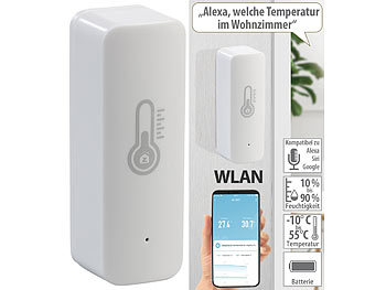 WLAN Temperatursensor: Luminea Home Control WLAN-Temperatur- & Luftfeuchtigkeits-Sensor mit App & Sprachsteuerung