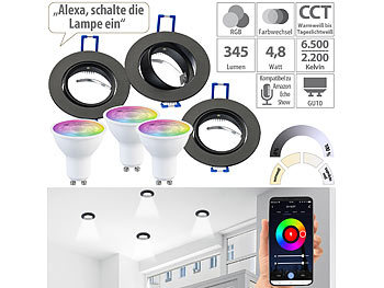 LED Einbaufassung: Luminea 3er-Set Alu-Einbaustrahler-Rahmen, schwarz, inkl. ZigBee-LED-Spots