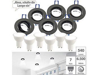 Spot-Einbaufassung: Luminea 6er-Set Alu-Einbaustrahler-Rahmen, schwarz, inklusive LED-Spots