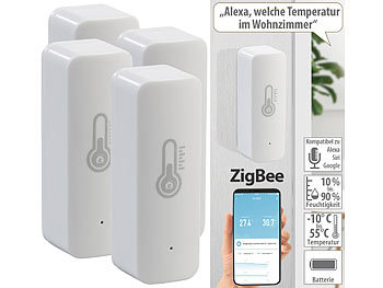 ZigBee Temperatursensor: Luminea Home Control 4er-Set ZigBee-Temperatur- & Luftfeuchtigkeits-Sensoren mit App