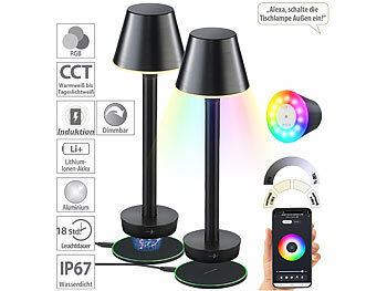 Akkutischlampen: Lunartec Smarte Outdoor-Tischlampe, RGB-CCT-LEDs, App, Bluetooth, 2er-Set
