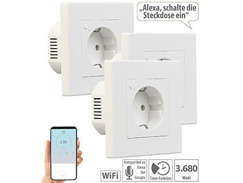 Alexa Smart Steckdose: Luminea Home Control 3er-Set WLAN-Unterputz-Steckdosen mit Verbrauch-Messung, App, 3.680 W