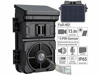 Tierkamera: VisorTech Full-HD-Wildkamera mit Solarpanel, 24 MP, Nachtsicht, PIR-Sensor, IP65
