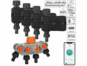 WiFi-Gartenbewässerung: Royal Gardineer 4er-Set WLAN-Bewässerungscomputer, Ventil, 4-fach-Wasserverteiler, App