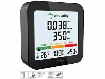 Co2 Messer: infactory Akku-Messgerät für TVOC, mit CO2-Anzeige, Uhrzeit, Thermo-/Hygrometer