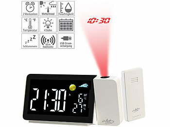 Projektor Uhr: infactory Funk-Wetterstation mit Projektionswecker, Außensensor, USB-Port, weiß