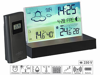 Wecker: infactory Funk-Wetterstation mit rahmenlosem LCD-Display, Außensensor, Funk-Uhr