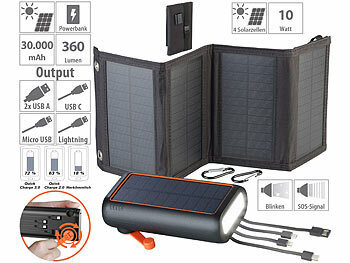 Dynamo Powerbank: revolt Solar-Powerbank mit Kurbel & Extra-Solarpanel, 30.000 mAh, PD 20 Watt