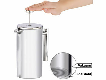 Thermo-Kaffeepressen Vakuum-isoliert: Rosenstein & Söhne French-Press, 1,5 Liter, doppelwandig, Edelstahl, Vakuum-Isolierung