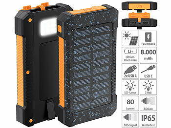 Solar Ladegerät: revolt Solar-Powerbank, 8.000 mAh, 2x USB 2A, Typ-C-Input, IP65, LED-Lampe