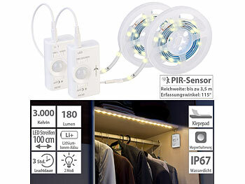 Schrankbeleuchtung: Lunartec 2er-Set Akku-LED-Streifen, 30 warmweiße LEDs, PIR, 180 lm, 100cm, IP65