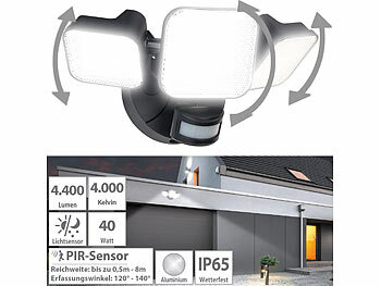 LED Außenstrahler: Luminea High-Power-Außenwand-LED-Sicherheitsleuchte, PIR-Sensor, 4400 lm, IP65