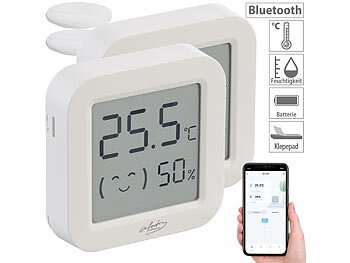 Thermometer Hygrometer: infactory 2er-Set Mini-Thermo-/Hygrometer, Komfort-Anzeige, LCD, Bluetooth, App