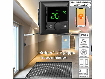 Alexa-Thermostat Heizung: revolt WLAN-Fußbodenheizungs-Thermostat mit Sprachsteuerung und App, schwarz