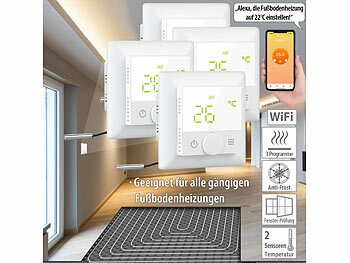 Thermostat WLAN Heizung: revolt 4er-Set WLAN-Fußbodenheizungs-Thermostat mit Sprachsteuerung, schwarz