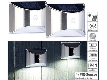 Solar Bewegungsmelder: Lunartec 2er-Set Solar-LED-Wandleuchte mit PIR-Sensor, Edelstahl, 20 lm, IP44