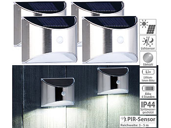 LED Außenlampe: Lunartec 4er-Set Solar-LED-Wandleuchte mit PIR-Sensor, Edelstahl, 20 lm, IP44