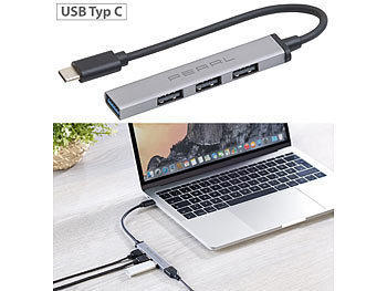 USB Adapter: PEARL USB-C-Hub mit 4 Ports, 1x USB 3.0, 3x USB 2.0, bis 5 Gbit/s, Aluminium