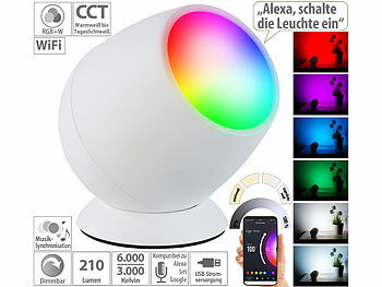 Stimmungslicht: Luminea Home Control Smarte WLAN-Stimmungsleuchte, RGB-CCT-LEDs, 210 lm, 2,2 W, USB, weiß