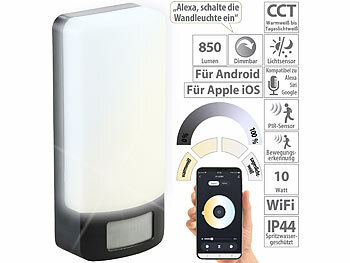 Wandlampe: Luminea Home Control CCT-LED-Außen-Wandleuchte mit PIR-Sensor, 10 W, 850 lm, IP44, App