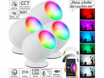 WiFi-LED-Lampe Alexa: Luminea Home Control 4er-Set WLAN-Stimmungsleuchten, RGB-CCT-LEDs, 210 lm, 2,2 W, USB, weiß