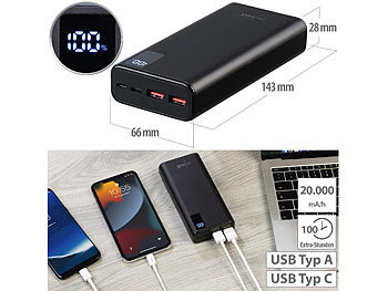 USB-Powerbank als Externes Mobiles Ladegerät: revolt USB-Powerbank, 20.000 mAh, USB-C PD, Display, Metall, QC3.0, 3 A, 20 W