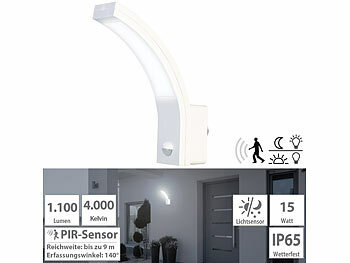 LED Außenleuchte: Lunartec LED-Außenwandleuchte mit PIR-Sensor, 1.100 lm, 15 W, IP65, weiß