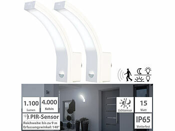 Wandlampe LED außen: Lunartec 2er-Set LED-Außenwandleuchte, PIR-Sensor, 1.100 lm, 15 W, IP65, weiß