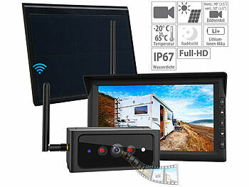 Kfz Kamera: Lescars 2in1-Solar-Funk-Rückfahrkamera- & Überwachungs-Set, Full HD 7"-Monitor