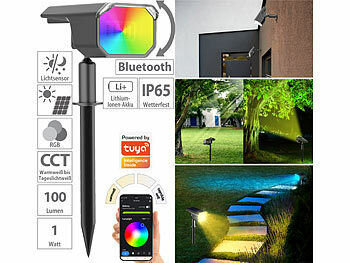 Luminea Home Control 2er-Set smarte Solar-Spots, RGB-CCT-LED, 100 lm, 2.200 mAh, 1 W, IP65