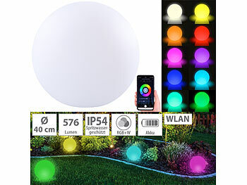 Rasen-Gartenbeleuchtung: Luminea Home Control WLAN-Akku-Leuchtkugel mit RGBW-LEDs und App, 576 lm, IP54, Ø 40 cm