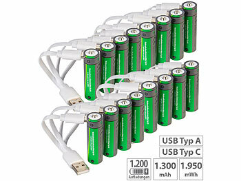 Akku: tka 16er-Set wiederaufladbare Batterien Typ AA, 1950 mWh, laden per USB-C