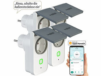 Smarthome-Steckdose: Luminea Home Control 4er-Set WLAN-Outdoor-Steckdosen, HomeKit-fähig, App, Strommessung