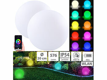 LED-Leuchtkugeln Garten: Luminea Home Control 2er-Set WLAN-Akku-Leuchtkugeln, RGBW-LEDs, App, 576 lm, IP54, Ø 20 cm