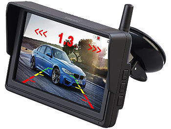 Lescars Funk-HD-Rückfahrkamera in Nummernschildhalter, Monitor, Abstandswarner