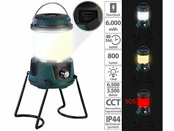 Lampe mit Powerbank: KryoLights 3in1-Akku-LED-Campinglaterne bis 800 Lumen, mit Powerbank, CCT