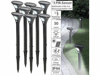 Sensor-Gartenleuchten: Lunartec 8er-Set Design-Solar-Wegeleuchten, Licht- & Bewegungssensor, kaltweiß