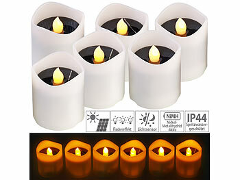 Teelichter: Lunartec 6er-Set Solar-LED-Kerzen, flackernde Flamme, 8 Std. Leuchtdauer, IP44
