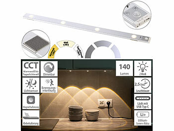 LED-Lichtleiste Unterbau: Lunartec Akku-LED-Unterbauleuchte, CCT, 4 Lichtkegel, 140 lm, Bewegungssensor