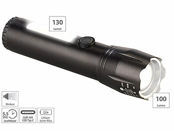 USB Taschenlampe: PEARL 2in1-Akku-LED-Taschenlampe mit COB-LED-Arbeitsleuchte, 230 lm, 3 W