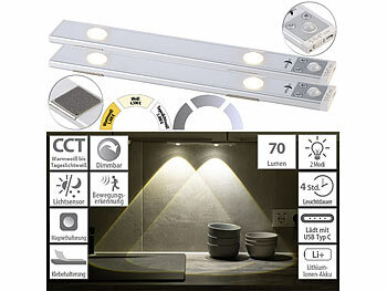 LED Lichtleiste: Lunartec 2er-Set Akku-LED-Unterbauleuchten, CCT, 70 lm, Bewegungssensor