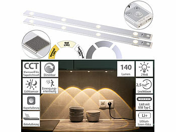 LED-Akku-Lichtleiste: Lunartec 2er-Set Akku-LED-Unterbauleuchten, CCT, 140 lm, Bewegungssensor