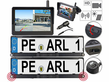 Front und Rückfahrkamera: Lescars Solar-Funk-HD-Front- & Rückfahrcam, Splitscreen-Monitor Abstandswarner
