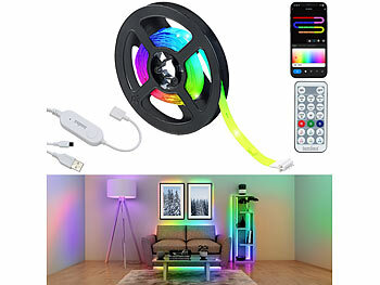 Luminea Home Control 2er-Set USB-RGB-IC-LED-Streifen, Bluetooth, App, Fernbedienung, 2 m