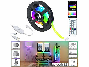 Lichtband: Luminea Home Control Smarter USB-RGB-IC-LED-Streifen, Bluetooth, App, Fernbedienung, 2 m